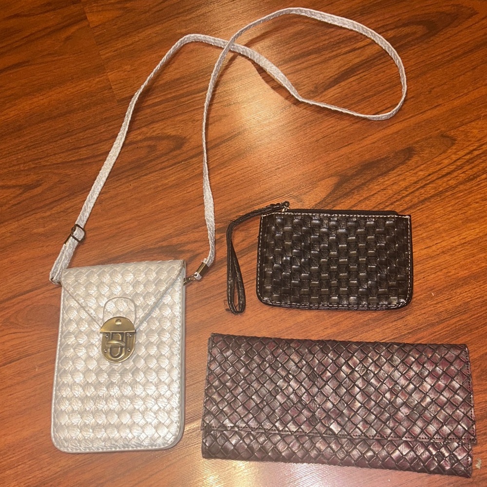 Woven Leather Crossbody Phone Bag Silver Wristlet Wallet/Clutch Brown BO3